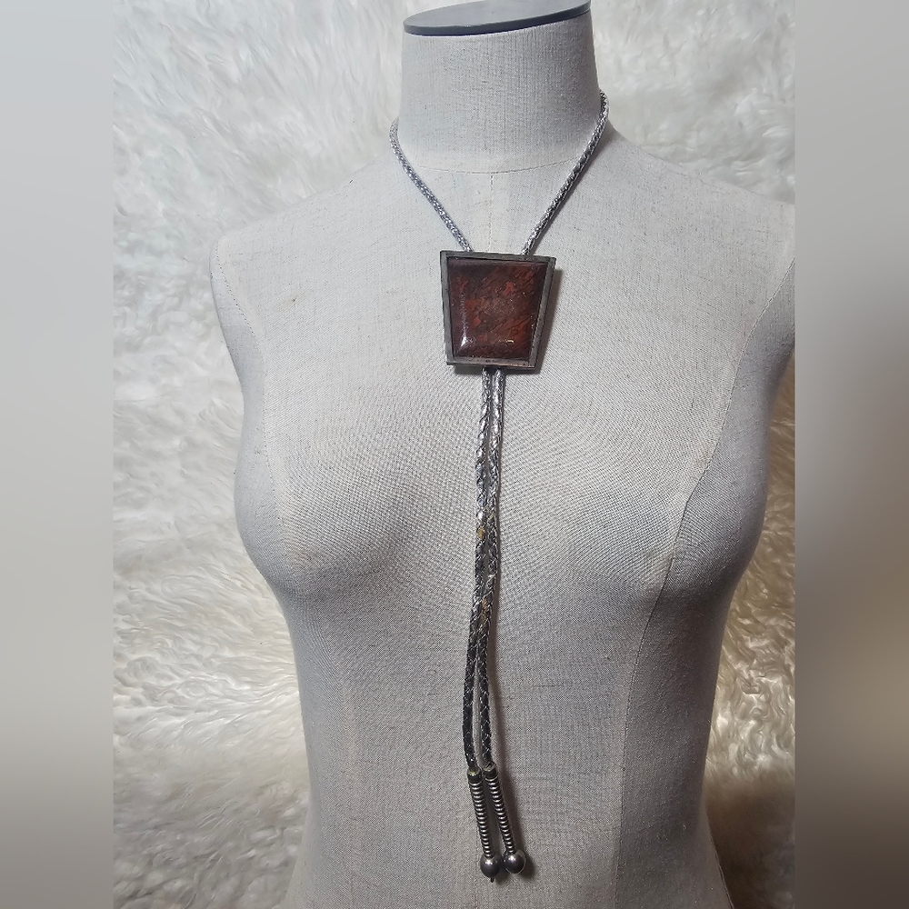 Vintage Large Stone Bolo Tie Necklace Metallic Silver Braided Leather Western